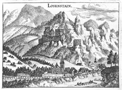 Engraving, view of Losenstein Castle, Upper Austria by Georg Matthaus Vischer